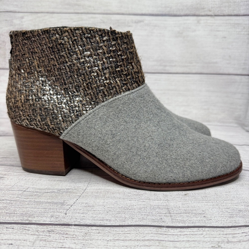 TOMS Women's Size 10‎ Gray Tweed Block Heel Tassel Ankle Booties Boots